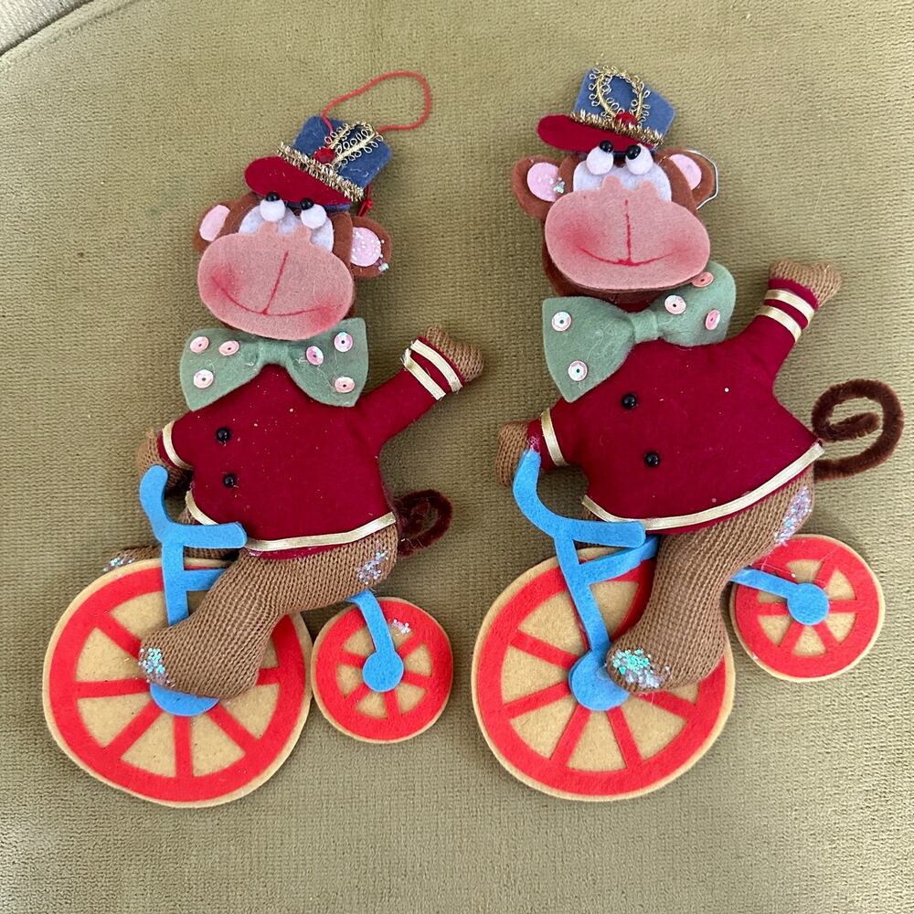 Cycling Christmas Felt Circus Monkey Set of 2. RARE. 5.5” X 11.4” Festive *Read